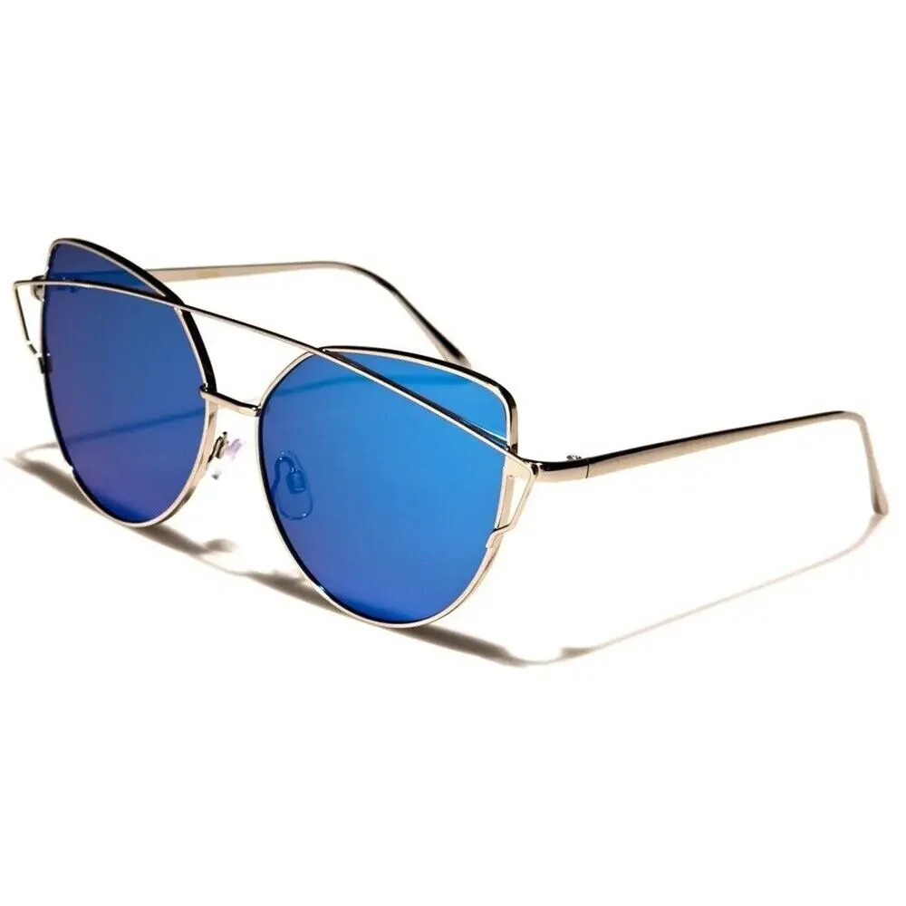 Designer Fashion Stylish Modern Womens Blue Mirrored Lens Cat Eye Sunglasses